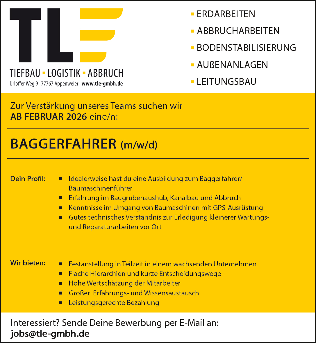 Stellenanzeige Baggerfahrer ab Februar 2026