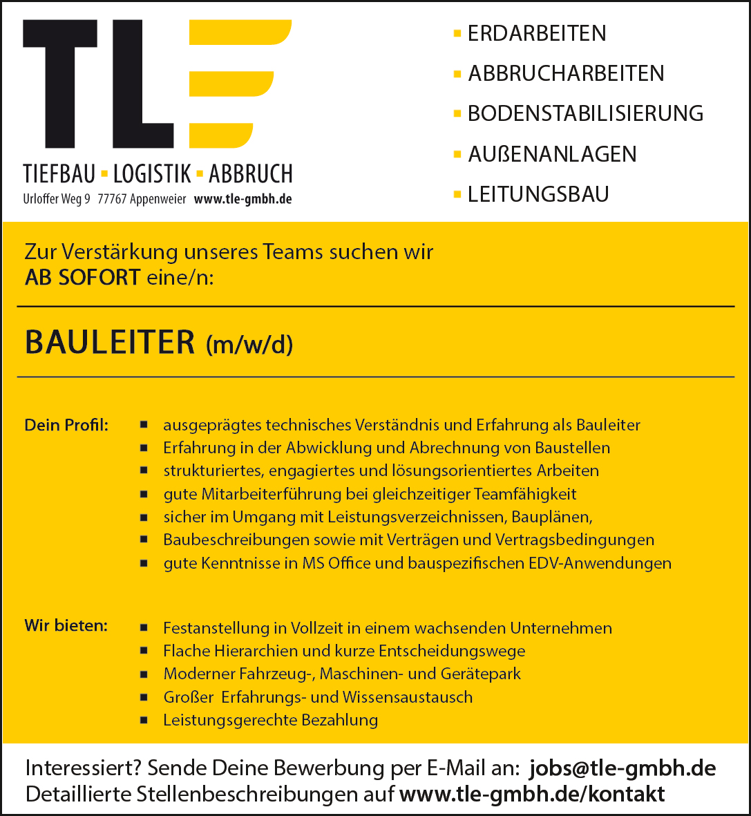 Stellenanzeige Bauleiter TLE