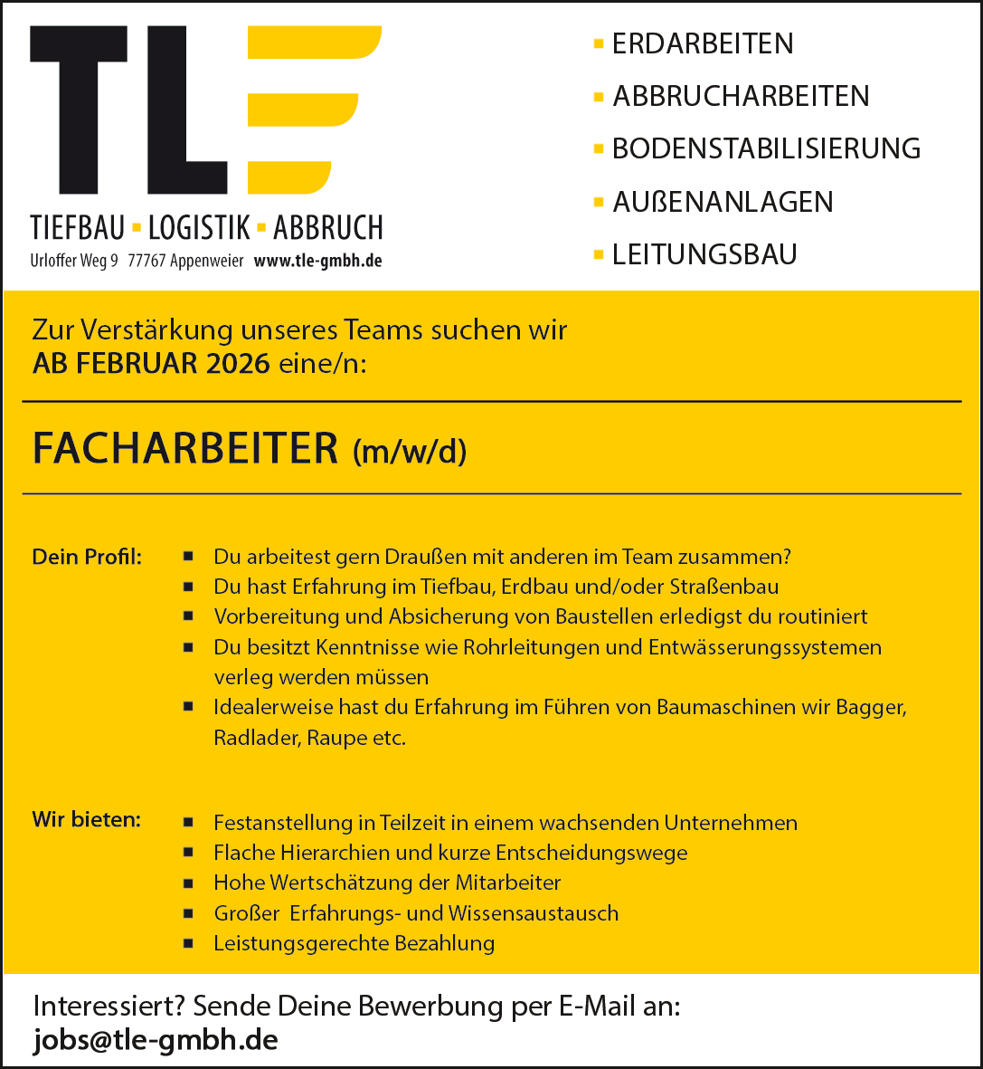 Stellenanzeige Facharbeiter ab Februar 2026